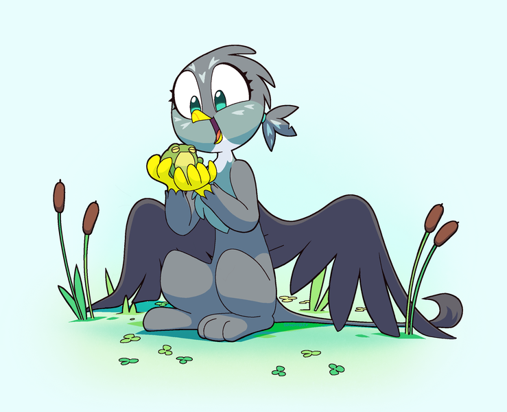 Size: 2538x2062 | Tagged: safe, artist:dawnfire, ponerpics import, ponybooru import, gabby, frog, gryphon, beak, blue background, clover, cute, female, gabbybetes, happy, high res, holding, image, looking at something, open beak, open mouth, open smile, png, reeds, simple background, sitting, smiling, solo, spread wings, wings