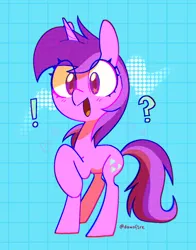 Size: 1248x1589 | Tagged: safe, artist:dawnfire, ponerpics import, ponybooru import, amethyst star, pony, unicorn, abstract background, exclamation point, female, image, mare, open mouth, open smile, png, question mark, smiling, solo