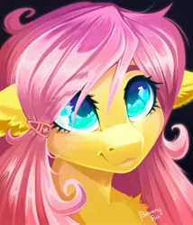 Size: 2366x2766 | Tagged: safe, alternate version, artist:buvanybu, derpibooru import, fluttershy, pegasus, pony, ahoge, alternate hairstyle, black background, bust, colored eyebrows, colored pupils, cute, dog lip, ear fluff, female, floppy ears, hair over one eye, hairpin, image, jpeg, mare, portrait, shyabetes, simple background, solo