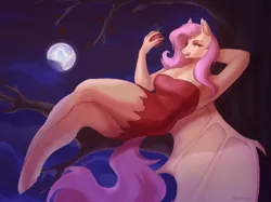 Size: 2222x1658 | Tagged: suggestive, artist:elmilagro, derpibooru import, fluttershy, anthro, bat pony, unguligrade anthro, apple, arm behind head, armpits, bat ponified, bat wings, breasts, cleavage, clothes, crossed legs, dress, fangs, female, flutterbat, food, full moon, image, leaning back, looking at you, lounging, moon, night, png, race swap, red eyes, sitting in a tree, smiling, smiling at you, smirk, solo, spread wings, wings