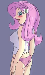 Size: 1669x2775 | Tagged: suggestive, artist:sumin6301, derpibooru import, fluttershy, butterfly, human, insect, equestria girls, blushing, breasts, busty fluttershy, clothes, cute, gray background, hairclip, image, jpeg, looking at you, looking back, open mouth, panties, shirt, shyabetes, simple background, sleeveless, underwear