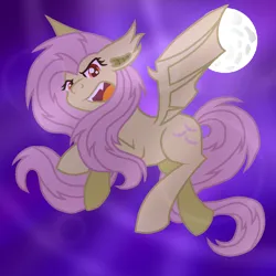 Size: 800x800 | Tagged: safe, artist:lindasaurie, derpibooru import, fluttershy, bat pony, pony, bat ponified, colored lineart, derpibooru exclusive, fangs, female, flutterbat, flying, image, mare, moon, night, night sky, open mouth, png, race swap, sky, solo, spread wings, wings