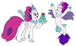 Size: 3264x1976 | Tagged: safe, artist:supahdonarudo, derpibooru import, queen novo, classical hippogriff, hippogriff, seapony (g4), series:novoember, my little pony: the movie, anniversary, birthday cake, cake, duality, food, happy, hat, image, party hat, png, simple background, transparent background