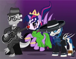 Size: 1418x1098 | Tagged: safe, artist:wheatley r.h., derpibooru import, oc, oc:myoozik the dragon, oc:twi clown, oc:w. rhinestone eyes, unofficial characters only, changeling, dragon, pony, skeleton pony, unicorn, bat wings, blue fire, bone, bowtie, changeling oc, charro, charro negro, clothes, clown, clown makeup, clown nose, crown, cuffs (clothes), derpibooru exclusive, dragon oc, female, folded wings, glasses, gradient background, guitar, hat, horn, image, jewelry, jpeg, kefka palazzo, male, mare, monochrome, musical instrument, necktie, non-pony oc, red nose, regalia, robert johnson, shadow, sharp teeth, simple background, single panel, skeleton, spread wings, spurs, stallion, suit, table, tablecloth, teeth, toga, unicorn oc, vector, watermark, winged unicorn, wings