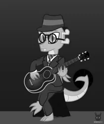 Size: 1189x1416 | Tagged: safe, artist:wheatley r.h., derpibooru import, oc, oc:myoozik the dragon, unofficial characters only, dragon, clothes, cuffs (clothes), derpibooru exclusive, dragon oc, glasses, gradient background, guitar, hat, image, jpeg, male, monochrome, musical instrument, necktie, non-pony oc, robert johnson, simple background, single panel, suit, table, tablecloth, vector, watermark, wings