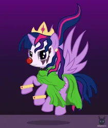 Size: 1189x1416 | Tagged: safe, artist:wheatley r.h., derpibooru import, oc, oc:twi clown, unofficial characters only, pony, unicorn, bowtie, clone, clothes, clown, clown makeup, clown nose, crown, cuffs (clothes), derpibooru exclusive, female, gradient background, horn, image, jewelry, jpeg, kefka palazzo, mare, red nose, regalia, single panel, solo, spread wings, toga, unicorn oc, vector, watermark, winged unicorn, wings