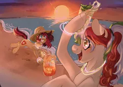 Size: 14617x10334 | Tagged: safe, artist:jasart, artist:roxymadn3ss, derpibooru import, neon lights, rising star, oc, earth pony, alcohol, beach, colored, commission, drink, duo, full color, image, mascot, patreon mascot, png, print, printable, sunset sky