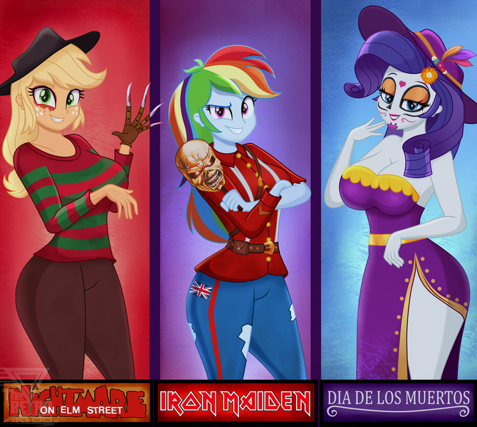 Size: 3900x3493 | Tagged: suggestive, artist:theretroart88, derpibooru import, applejack, rainbow dash, rarity, human, equestria girls, a nightmare on elm street, breasts, busty applejack, busty rainbow dash, busty rarity, cleavage, clothes, costume, crossed arms, dia de los muertos, female, freddy krueger, grin, halloween, halloween costume, holiday, image, iron maiden, makeup, png, smiling