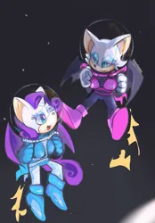 Size: 889x1280 | Tagged: safe, artist:harpylady, rarity, anthro, bat pony, bat ponified, duo, image, jetpack, mobian, png, race swap, raribat, rouge the bat, sonic the hedgehog (series), sonicified, space, spacesuit