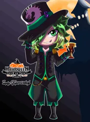Size: 2991x4063 | Tagged: safe, artist:cmacx, derpibooru import, spike, dragon, human, castle, full moon, glass, halloween, hat, holiday, humanized, image, jack-o-lantern, moon, png, pumpkin, witch hat