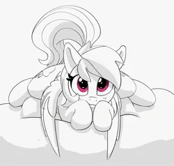 Size: 2162x2058 | Tagged: safe, artist:pabbley, derpibooru import, rainbow dash, pegasus, pony, cute, dashabetes, female, grayscale, image, jpeg, looking at you, lying down, mare, monochrome, partial color, prone, simple background, smiling, smiling at you, solo, white background, wings, wings down