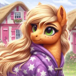 Size: 1024x1024 | Tagged: safe, machine learning generated, ponerpics import, ponybooru import, applejack, earth pony, pony, ai content, alternate hairstyle, bing, clothed ponies, clothes, female, image, jpeg, looking back, mare, missing accessory, ponyville, solo