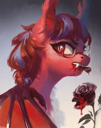 Size: 1710x2160 | Tagged: safe, artist:jewellier, derpibooru import, oc, oc:july red pencil, unofficial characters only, bat pony, pony, bat wings, biting, bust, fangs, female, flower, glasses, image, jpeg, looking back, mare, not blood, portrait, rose, slit pupils, solo, species swap, wings