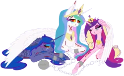 Size: 2491x1537 | Tagged: source needed, semi-grimdark, artist:luca games, derpibooru import, princess cadance, princess celestia, princess luna, alicorn, chains, image, png