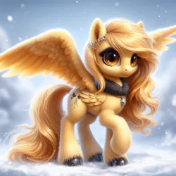 Size: 1024x1024 | Tagged: safe, machine learning generated, ponerpics import, ponybooru import, spitfire, pegasus, pony, ai content, alternate cutie mark, bing, female, fluffy, image, incorrect wing anatomy, jewelry, jpeg, mare, solo, spread wings, unshorn fetlocks, wings