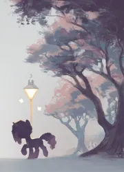 Size: 1554x2160 | Tagged: safe, artist:jewellier, derpibooru import, butterfly, insect, pony, unicorn, g5, female, image, jpeg, mare, misty brightdawn, silhouette, solo, streetlight, tree