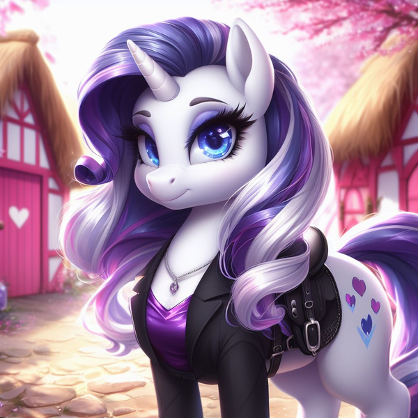 Size: 1024x1024 | Tagged: safe, machine learning generated, ponerpics import, ponybooru import, rarity, pony, unicorn, ai content, alternate cutie mark, bing, clothed ponies, clothes, female, image, jewelry, jpeg, mare, ponyville, saddle, solo, tack