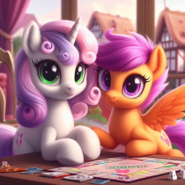 Size: 1024x1024 | Tagged: safe, machine learning generated, ponerpics import, ponybooru import, scootaloo, sweetie belle, pegasus, pony, unicorn, ai content, alternate cutie mark, bing, board game, duo, female, filly, foal, holding hooves, image, jpeg, looking at you, monopoly, ponyville, spread wings, wings