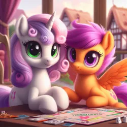 Size: 1024x1024 | Tagged: safe, machine learning generated, ponerpics import, ponybooru import, scootaloo, sweetie belle, pegasus, pony, unicorn, ai content, alternate cutie mark, bing, board game, duo, female, filly, foal, holding hooves, image, jpeg, looking at you, monopoly, ponyville, spread wings, wings