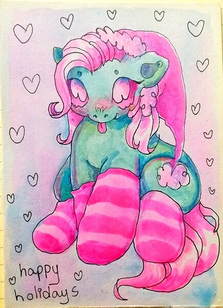 Size: 1450x2000 | Tagged: safe, artist:larvaecandy, derpibooru import, minty, earth pony, pony, g3, clothes, image, jpeg, socks, solo, traditional art