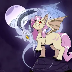 Size: 1200x1200 | Tagged: safe, artist:flowgence, derpibooru import, discord, fluttershy, bat pony, ghost, pony, undead, vampire, vampony, bat ponified, bat wings, blood, cloven hooves, duo, duo male and female, fangs, female, flutterbat, halloween, holiday, image, looking at you, male, mare, mischievous, moon, png, race swap, unshorn fetlocks, wings