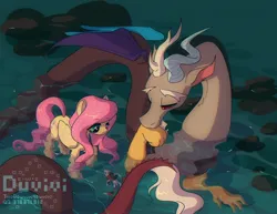 Size: 2048x1583 | Tagged: safe, artist:duvivi, derpibooru import, discord, fluttershy, draconequus, fish, koi, pegasus, pony, discoshy, duo, duo male and female, female, image, jpeg, male, mare, partially submerged, rock, shipping, standing in water, straight, water