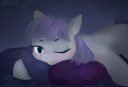 Size: 2048x1390 | Tagged: safe, artist:some_ponu, derpibooru import, maud pie, earth pony, pony, crying, depressed, female, gray background, image, jpeg, lying down, mare, missing cutie mark, one eye closed, pillow, prone, sad, simple background, solo, teary eyes