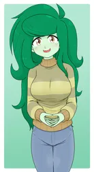 Size: 1761x3190 | Tagged: safe, artist:batipin, derpibooru import, wallflower blush, human, equestria girls, equestria girls series, 2d, breasts, busty wallflower blush, clothes, female, g4, gradient background, green background, grin, high res, image, looking at you, nervous, nervous grin, open mouth, pants, png, pocket, simple background, smiling, solo, sweater, update, wavy mouth