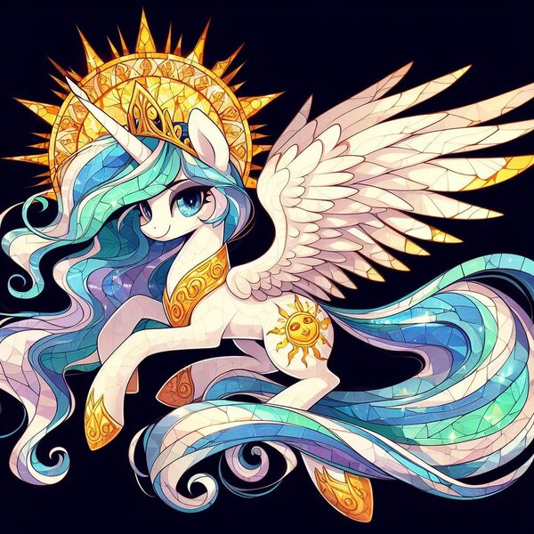 Size: 1024x1024 | Tagged: safe, derpibooru import, machine learning generated, princess celestia, alicorn, pony, ai content, blue eyes, image, jpeg, mosaic, solo, wrong eye color