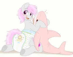 Size: 1450x1121 | Tagged: safe, artist:shuphle, derpibooru import, oc, unofficial characters only, earth pony, pony, shark, diaper, diaper fetish, fetish, frog (hoof), image, open mouth, open smile, plushie, png, poofy diaper, shark plushie, smiling, solo, underhoof