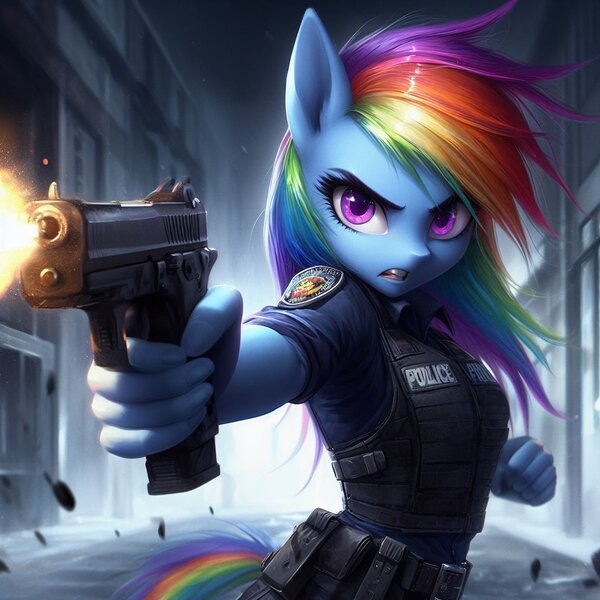 Size: 1024x1024 | Tagged: safe, derpibooru import, machine learning generated, rainbow dash, ai content, gun, image, jpeg, police officer, weapon