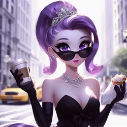 Size: 1024x1024 | Tagged: suggestive, derpibooru import, machine learning generated, rarity, anthro, ai content, audrey hepburn, breakfast at tiffany's, coffee cup, cup, food, image, jpeg, movie reference, pastry, sunglasses