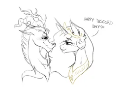 Size: 4093x2894 | Tagged: safe, artist:ruby gilbert, artist:rubyart44, derpibooru import, discord, princess celestia, antlers, beard, blushing, bust, commissioner:zcord, crown, discord day, dislestia, facial hair, female, heart, high res, horn, image, imminent kissing, jewelry, jpeg, looking at each other, looking at someone, male, portrait, regalia, shipping, sketch, snaggletooth, straight, traditional art