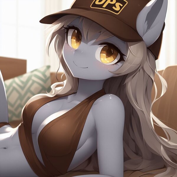 Size: 1024x1024 | Tagged: suggestive, derpibooru import, machine learning generated, derpy hooves, anthro, ai content, couch potato, image, jpeg