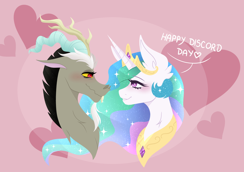 Size: 4093x2894 | Tagged: safe, alternate version, artist:ruby gilbert, artist:rubyart44, derpibooru import, part of a set, discord, princess celestia, antlers, beard, blush sticker, blushing, bust, commissioner:zcord, crown, discord day, dislestia, facial hair, female, heart, high res, horn, image, imminent kissing, jewelry, jpeg, looking at each other, looking at someone, male, pink background, portrait, regalia, shipping, simple background, sketch, snaggletooth, straight