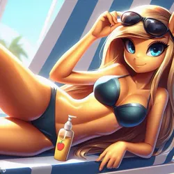 Size: 519x519 | Tagged: suggestive, derpibooru import, machine learning generated, apple cobbler, anthro, ai content, apple family member, beach chair, chair, image, jpeg, sunglasses, sunglasses on head, tanning