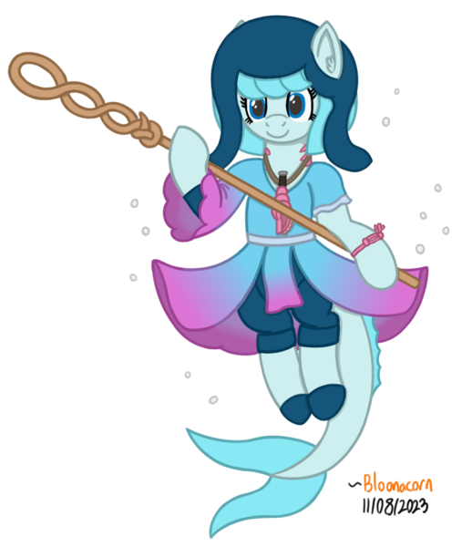 Size: 760x880 | Tagged: safe, artist:bloonacorn, derpibooru import, merpony, bubble, dorsal fin, fin, fish tail, hat, image, ocean, png, simple background, staff, swimming, tail, transparent background, underwater, water