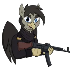 Size: 1698x1562 | Tagged: safe, artist:moonatik, derpibooru import, oc, oc:gerlach iv, unofficial characters only, gryphon, equestria at war mod, clothes, commission, eye scar, facial scar, griffon oc, gun, image, male, png, rifle, sam hyde, scar, simple background, solo, stg 44, transparent background, weapon