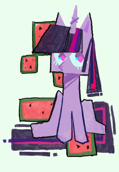 Size: 1640x2360 | Tagged: safe, artist:meowmeows4872, derpibooru import, twilight sparkle, pony, unicorn, abstract background, cubism, female, food, image, jpeg, mare, modern art, sitting, solo, unicorn twilight, watermelon