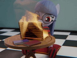 Size: 1440x1080 | Tagged: safe, artist:the luna fan, derpibooru import, oc, oc:cosmia nebula, unofficial characters only, earth pony, 3d, animated, blender, blender cycles, book, choker, clothes, computer, fire, glasses, image, indoors, laptop computer, socks, striped socks, table, webm