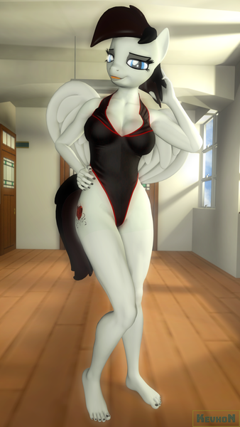 Size: 2160x3840 | Tagged: suggestive, artist:kevhon, derpibooru import, oc, oc:midnight harmony, unofficial characters only, anthro, pegasus, plantigrade anthro, 3d, breasts, clothes, eyeshadow, hand on hip, image, lipstick, looking at you, makeup, nail polish, one-piece swimsuit, png, room, smiling, source filmmaker, swimsuit, tongue out, window, wings