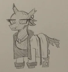 Size: 586x625 | Tagged: safe, artist:jargon scott, derpibooru import, oc, oc:whore bug, changeling, changeling oc, clothes, female, grayscale, image, lidded eyes, monochrome, open robe, pencil drawing, png, prostitute, robe, solo, traditional art