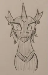 Size: 407x641 | Tagged: safe, artist:jargon scott, derpibooru import, oc, oc:whore bug, unofficial characters only, changeling, bust, changeling oc, grayscale, image, looking at you, monochrome, pencil drawing, png, smiling, smiling at you, solo, traditional art