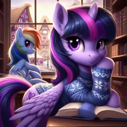 Size: 1024x1024 | Tagged: safe, machine learning generated, ponerpics import, ponybooru import, rainbow dash, twilight sparkle, twilight sparkle (alicorn), alicorn, pegasus, pony, ai content, alternate cutie mark, bing, book, clothes, duo, female, hoof on cheek, image, jpeg, library, looking at you, mare, ponyville, sweater