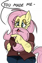 Size: 1080x1610 | Tagged: safe, artist:perjector, derpibooru import, fluttershy, anthro, pony, bridle gossip, arm hair, beard, bearded lady, dialogue, facial hair, female, flutterguy, image, jpeg, mare, meme, simple background, solo, white background