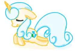 Size: 565x387 | Tagged: safe, artist:violavaquita, ponerpics import, lemon hearts, pony, unicorn, crying, female, gartic phone, heart, image, lying down, mare, one ear down, png, sad, simple background, solo, white background