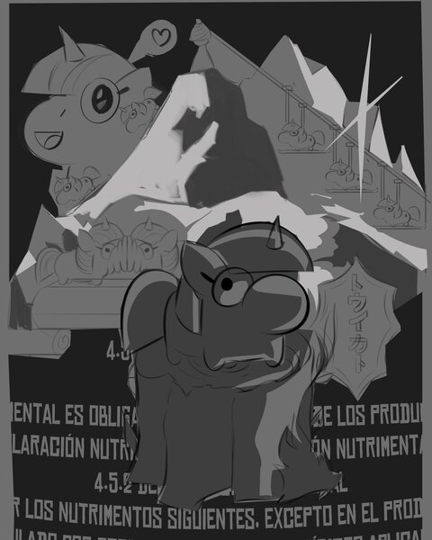 Size: 3277x4096 | Tagged: safe, artist:poxy_boxy, derpibooru import, twilight sparkle, pony, unicorn, black background, female, filly, filly twilight sparkle, grayscale, image, jpeg, monochrome, shikato, simple background, solo, squatpony, twiggie, unicorn twilight, wip, younger