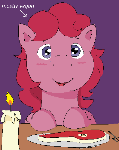 Size: 396x500 | Tagged: safe, artist:kleyime, derpibooru import, heart throb, pegasus, pony, g1, candle, date, food, fork, image, meat, mostly vegan, ms paint, offscreen character, png, pov, solo, steak
