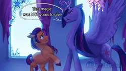 Size: 2560x1440 | Tagged: safe, artist:mythicalartist_, derpibooru import, sunny starscout, twilight sparkle, twilight sparkle (alicorn), alicorn, earth pony, pony, g5, broken window, dialogue, duo, female, height difference, image, mare, png, spread wings, sunny and her heroine, tall, that magic was not yours to give, window, wings