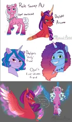 Size: 2560x4311 | Tagged: safe, artist:mythicalartist_, derpibooru import, izzy moonbow, sunny starscout, alicorn, pony, unicorn, g5, my little pony: a new generation, alternate hairstyle, alternate universe, artificial horn, artificial wings, augmented, bag, black background, bust, colored hooves, curved horn, cute, dialogue, dragonfire, evil grin, eyeshadow, female, folded wings, freckles, front view, frown, glow, glowing horn, glowing wings, grin, hoof hold, horn, image, jewelry, levitation, looking at something, looking up, magic, magic horn, magic wings, makeup, male, mare, markings, marvel, messenger bag, midair, misty brightdawn, mistybetes, name, necklace, nicealine, opaline arcana, png, profile, race swap, raised hoof, rebirth misty, redesign, reference, role reversal, sad, short hair, simple background, smiling, speech bubble, spider-man, spread wings, standing, sunny starscout is not amused, sunnycorn, telekinesis, unamused, unshorn fetlocks, white background, wings